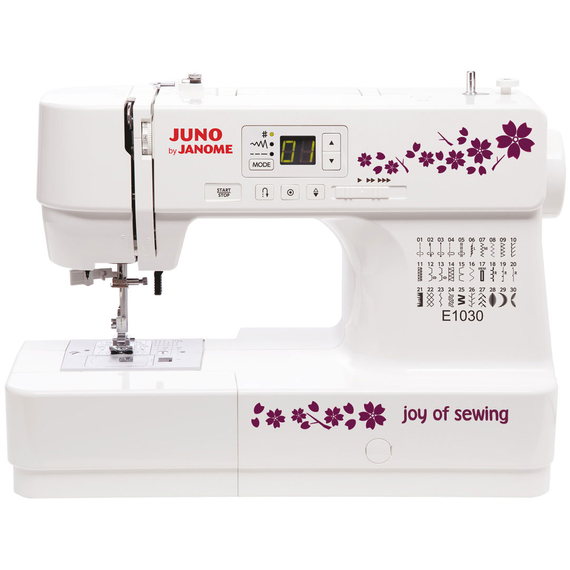 Janome Juno E1030 fehér varrógép virágmintákkal, digitális kijelzővel